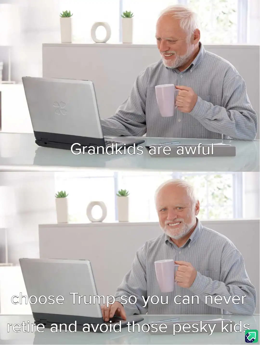 A two-panel meme featuring a smiling older man with white hair and a beard sitting at a glass desk, holding a light purple…
