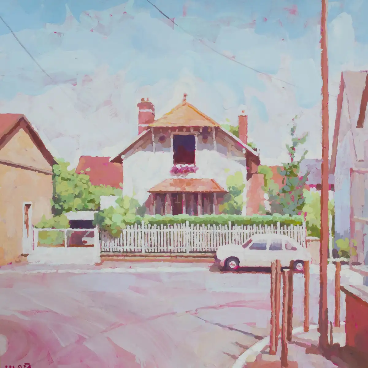A watercolor painting of a suburban street scene featuring a white picket fence, a parked white car, and a house with a…