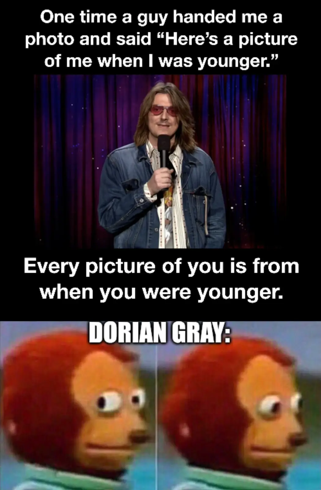 The meme features two images: the top shows comedian Jack Black in a denim jacket holding a microphone on stage, and the…
