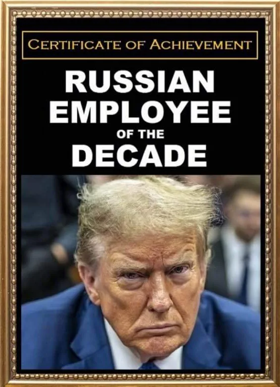 A framed certificate titled 'CERTIFICATE OF ACHIEVEMENT' with the bold text 'RUSSIAN EMPLOYEE OF THE DECADE' overlaid on a…