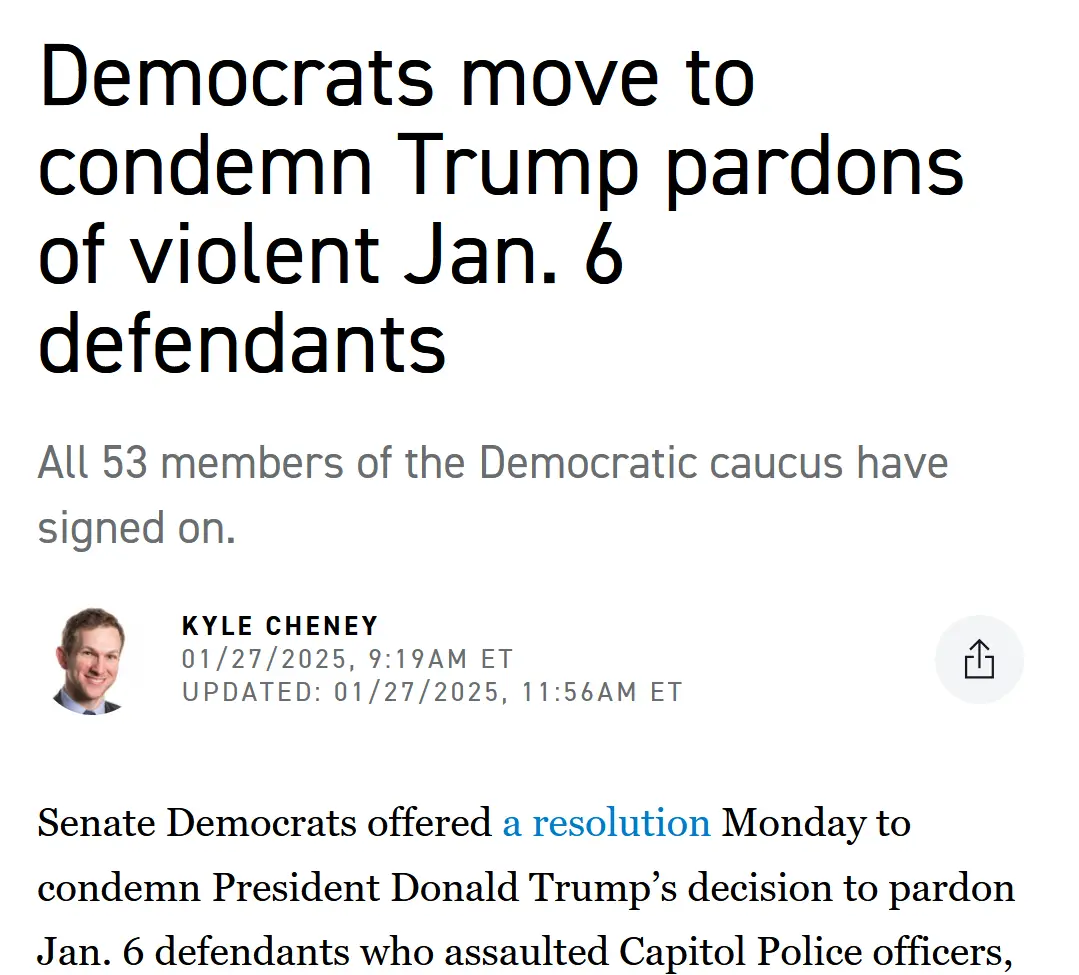 A screenshot of a news article headline stating 'Democrats move to condemn Trump pardons of violent Jan. 6 defendants' with…