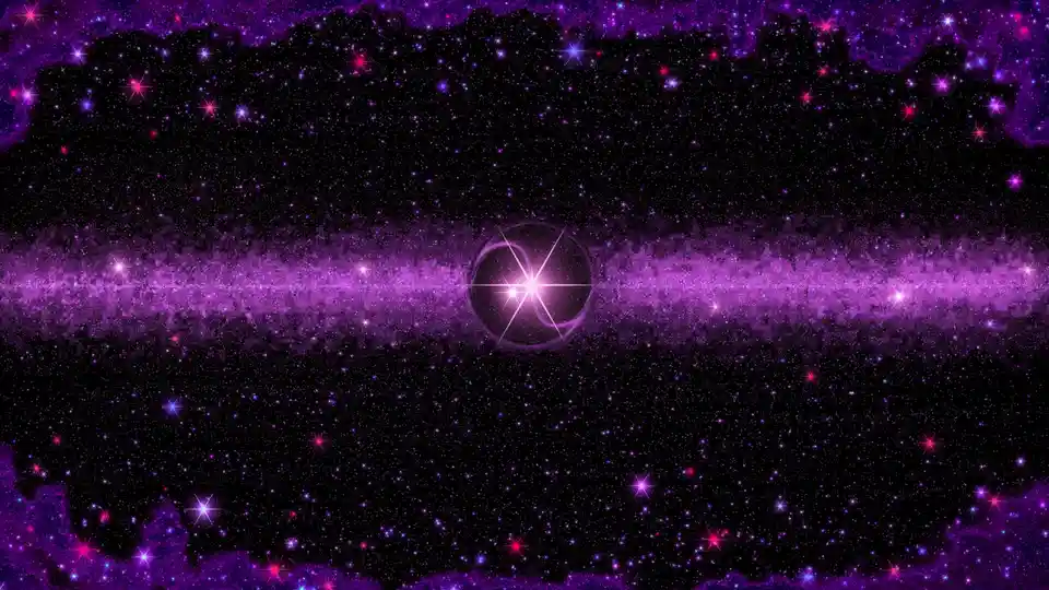 A vibrant purple and black space scene filled with sparkling stars and nebulae, featuring a glowing, starburst-like orb at…