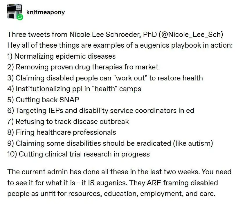 A screenshot of a tweet thread by Nicole Lee Schroeder, PhD, listing ten actions she claims constitute a 'eugenics playbook'…