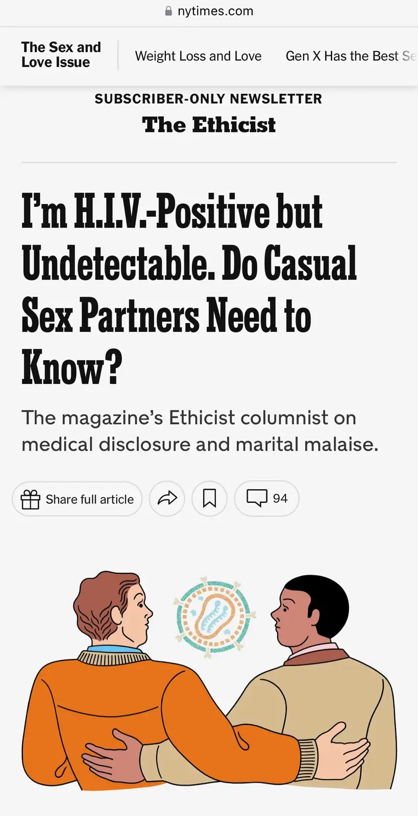A screenshot of a New York Times newsletter article titled 'I'm H.I.V.-Positive but Undetectable. Do Casual Sex Partners…