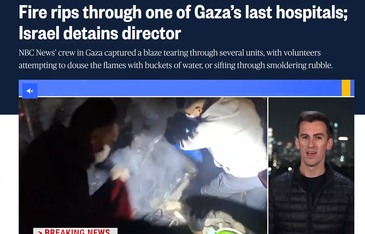 A news article screenshot shows a headline about a fire in Gaza's hospital and a photo of volunteers fighting flames with…