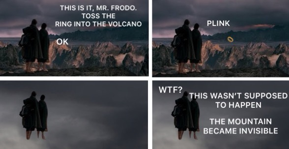 A four-panel meme using scenes from 'The Lord of the Rings' where Frodo and Sam stand on a mountain edge. The first panel…
