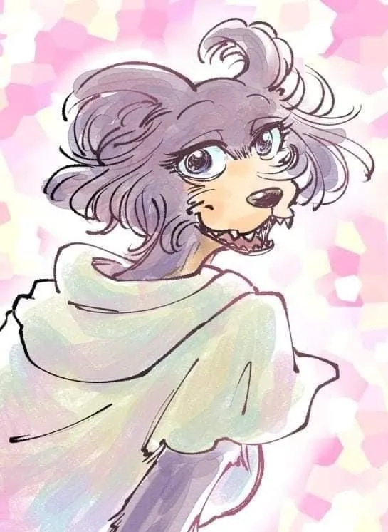 An anime-style illustration of a dog-like character with large expressive eyes, messy gray hair, and a light green hoodie…