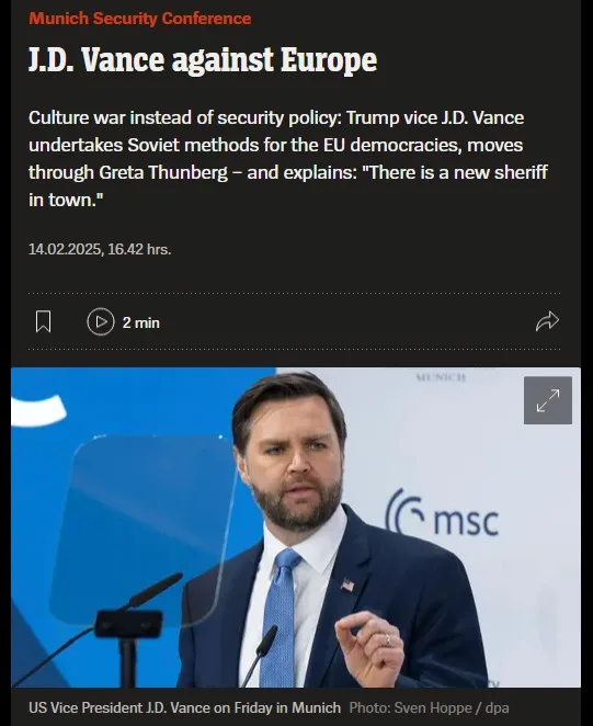 A screenshot of a news article from the Munich Security Conference featuring a photo of U.S. Vice President J.D. Vance…
