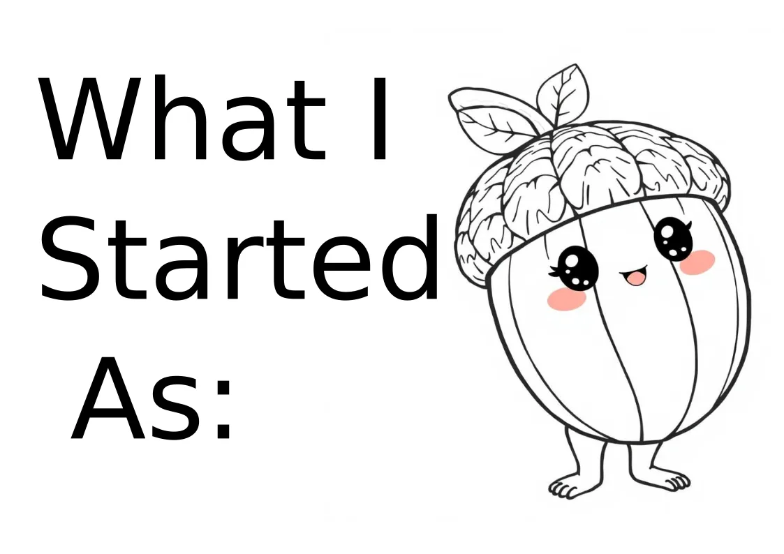 A black-and-white line drawing of a cute, anthropomorphic acorn with big eyes, rosy cheeks, and a small smile, standing on…
