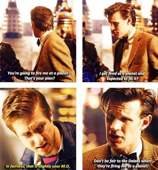 A four-panel meme featuring actor Matt Smith as the Eleventh Doctor from Doctor Who, reacting to being fired at a planet by…