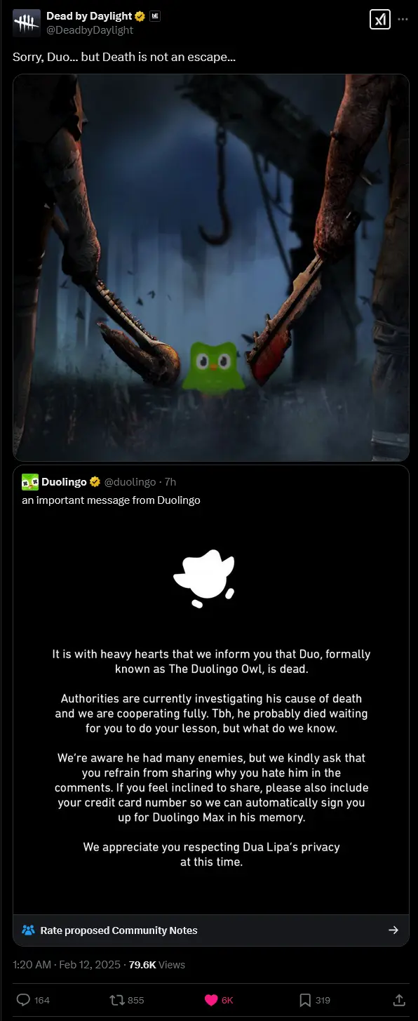 The image shows a screenshot of a tweet from the game 'Dead by Daylight' featuring a dark, horror-themed scene with two…