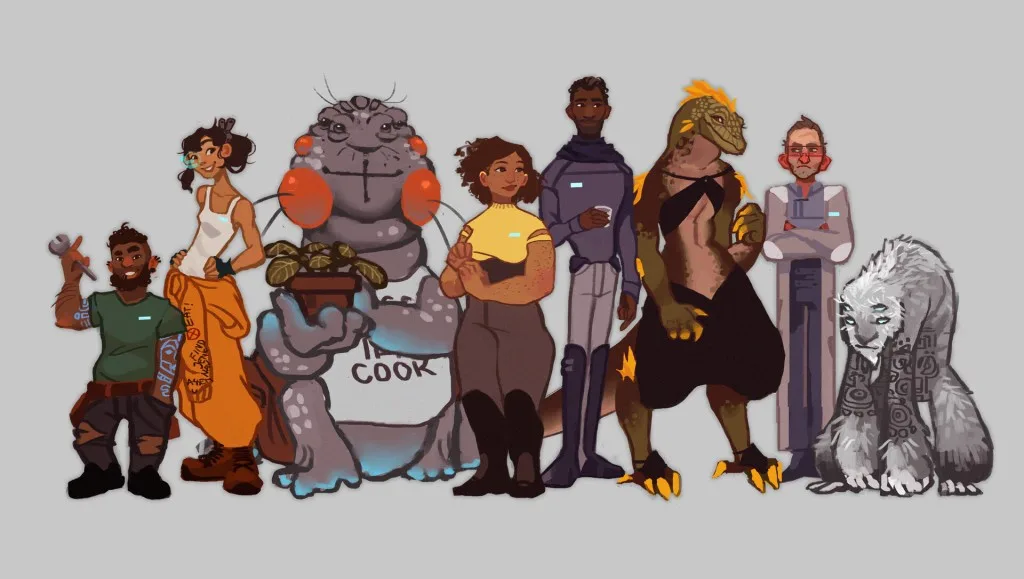 A lineup of eight diverse fantasy characters, including humans and creatures like a frog-like being and a wolf-like…