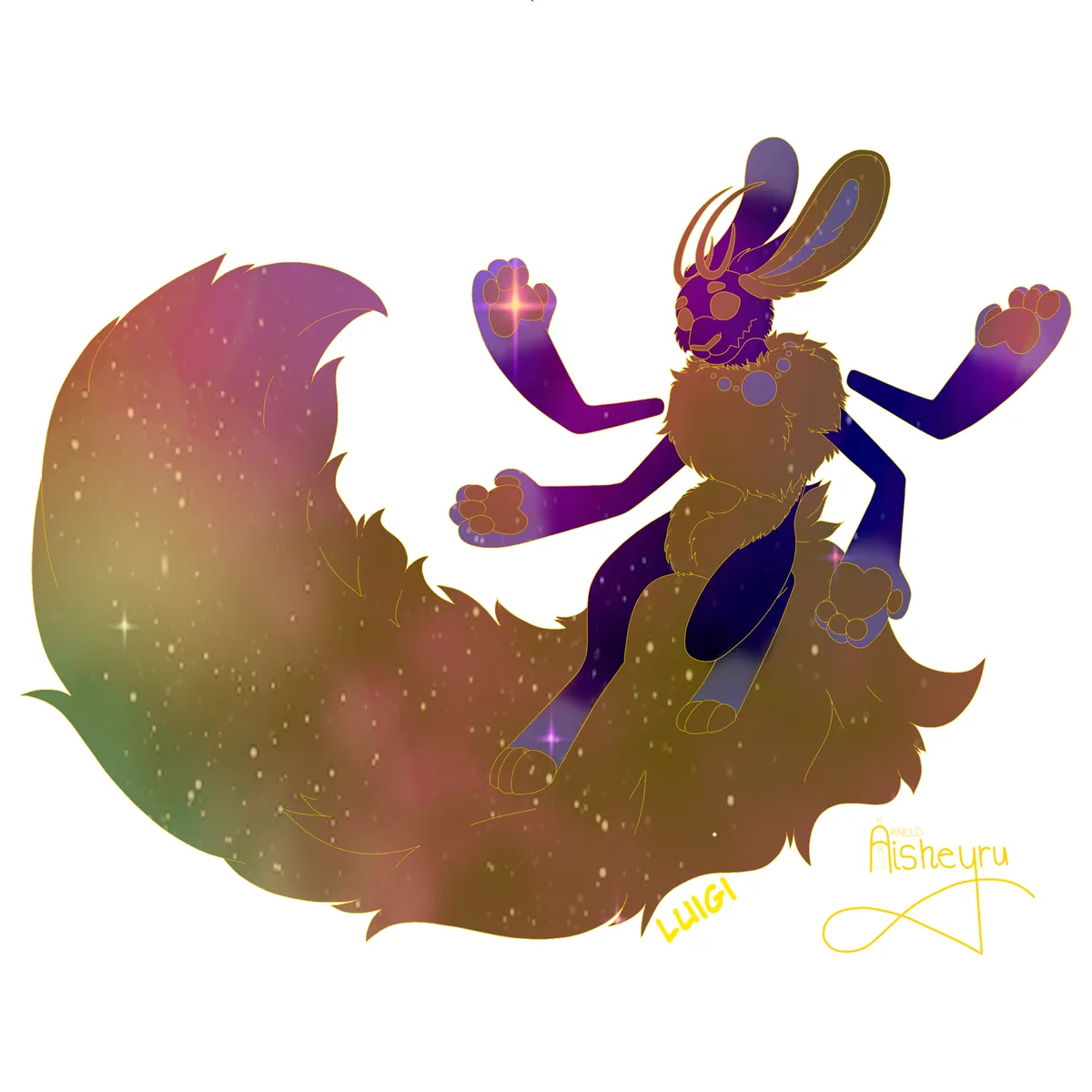 A stylized, galaxy-themed illustration of a purple rabbit-like character with multiple arms and a large, starry…