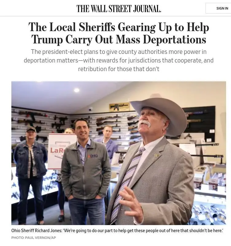 A screenshot of a Wall Street Journal article featuring Ohio Sheriff Richard Jones in a gun store, speaking with a serious…