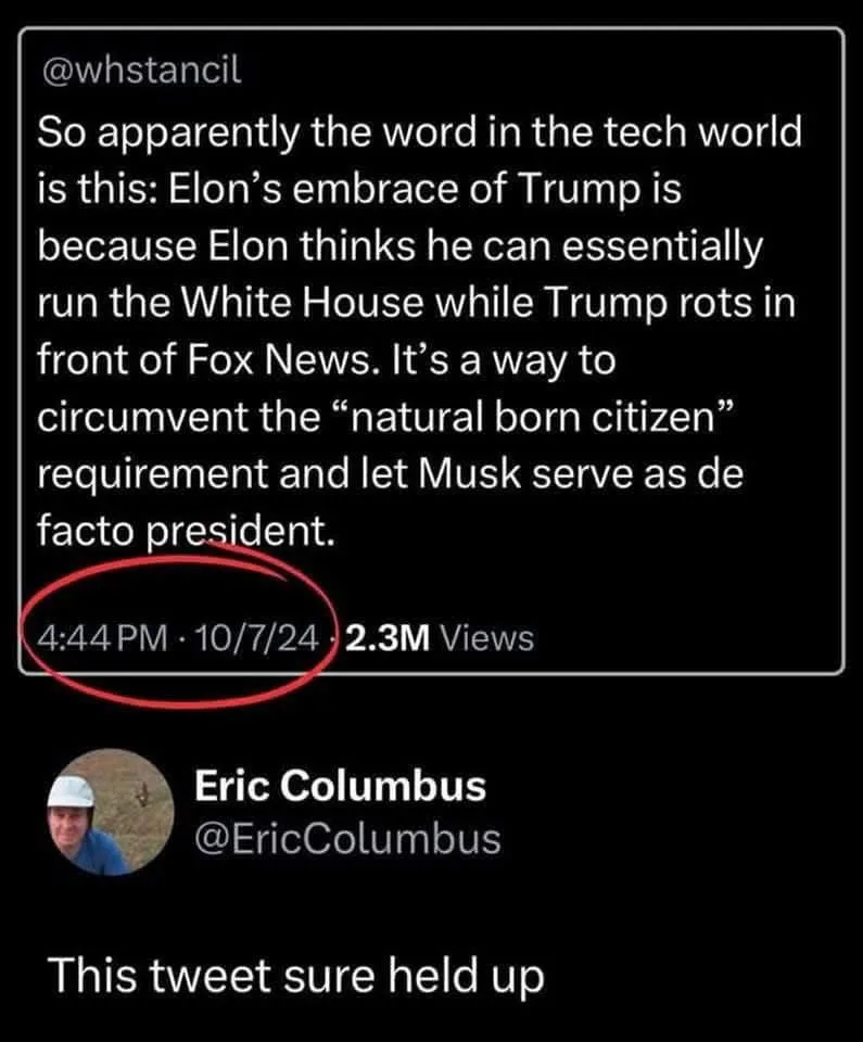 A screenshot of a tweet by Eric Columbus (@EricColumbus) showing a reply from @whstancil that claims Elon Musk's support for…