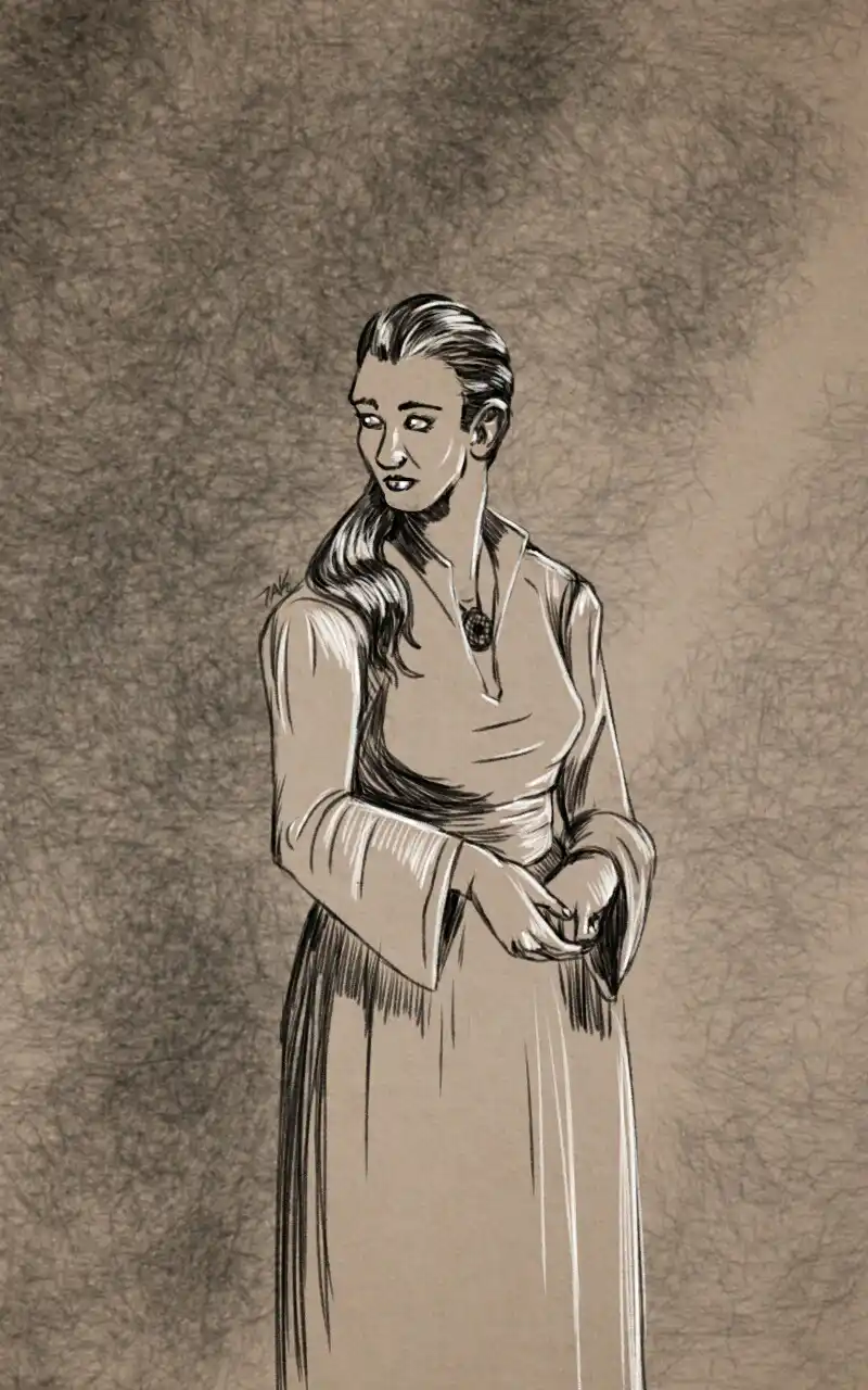A sepia-toned sketch depicts a woman with long hair, wearing a long-sleeved dress and a necklace, standing with her hands…