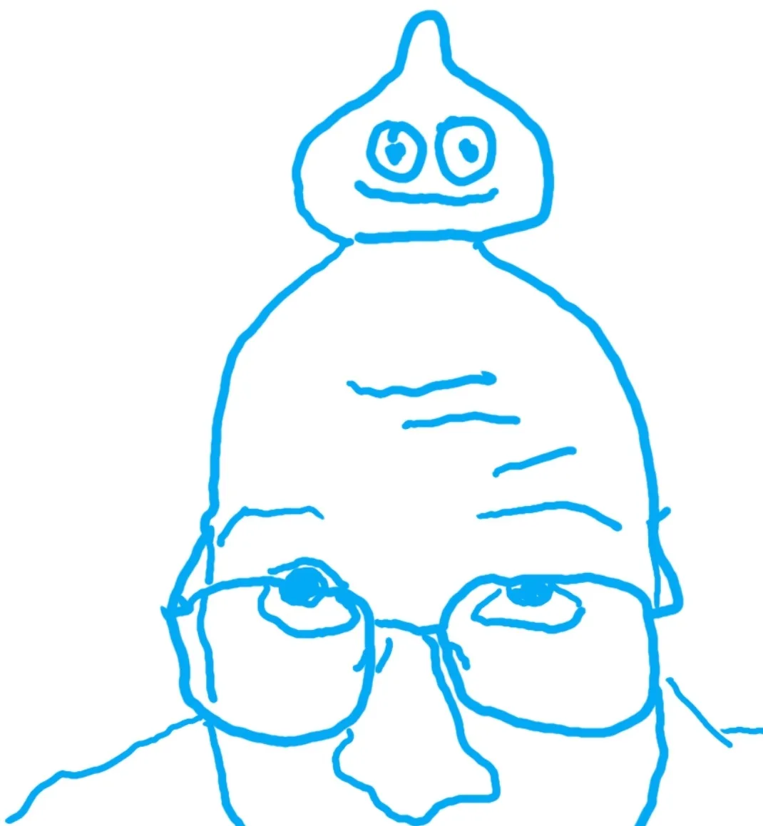 A simple blue line drawing shows a tall, blob-like figure with a rounded head and two large, heart-shaped eyes. The figure…