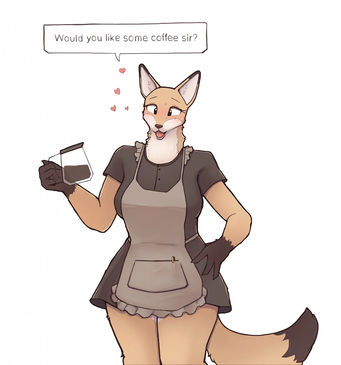 An anthropomorphic fox woman in a grey apron and dark shirt holds a glass coffee carafe, smiling flirtatiously while looking…