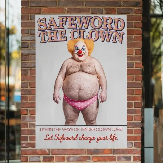 A poster on a brick wall features a large, balding, overweight clown with orange hair, red nose, and pink polka-dot…