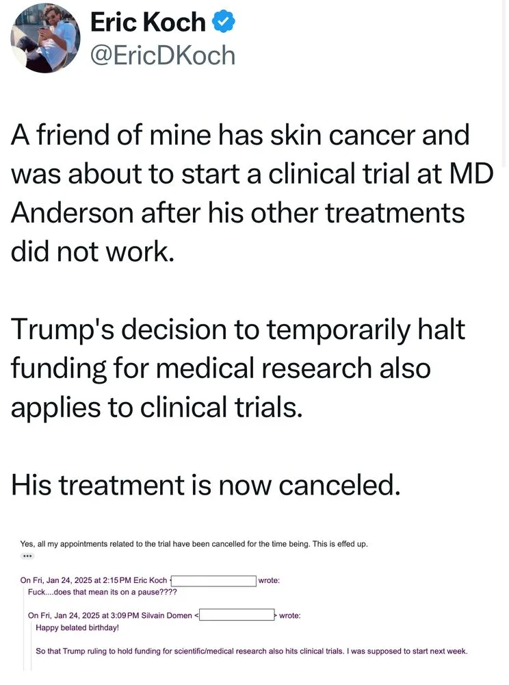 A screenshot of a Twitter thread by Eric Koch (@EricDKoch) detailing how his friend's skin cancer clinical trial was…