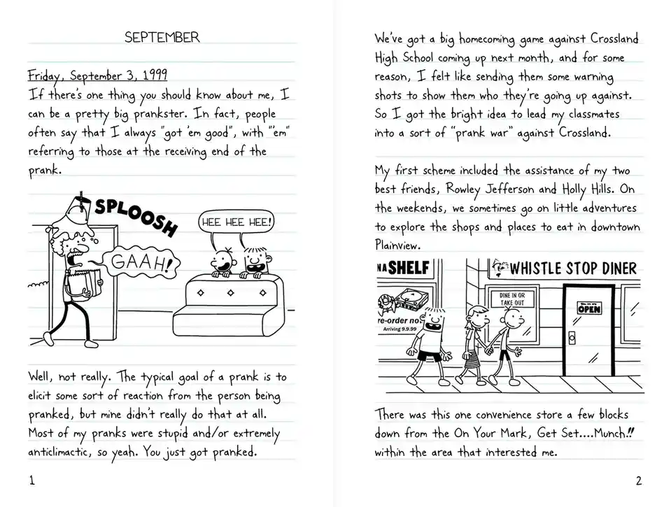 This is a two-page spread from the 'Diary of a Wimpy Kid' comic book, showing a handwritten journal entry dated September 3…