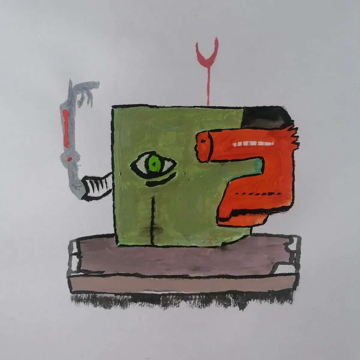 A hand-drawn, crudely painted cartoon depicts a green, blocky, one-eyed monster with a red horn on its head, standing on a…