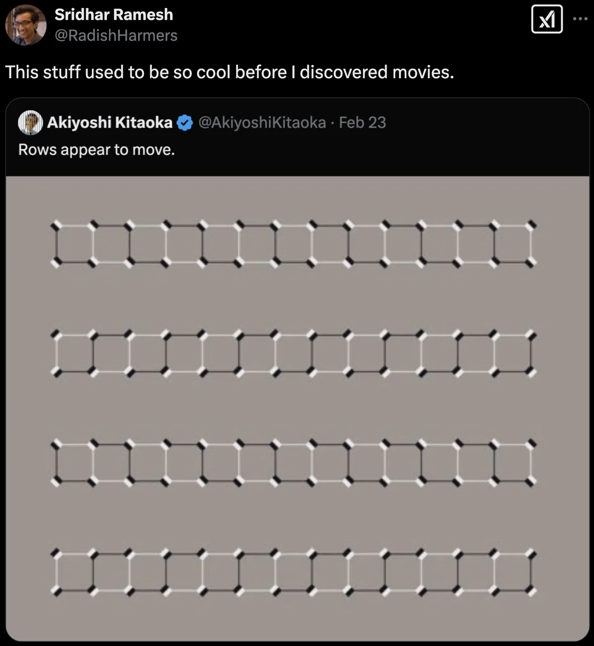 A screenshot of a tweet by Sridhar Ramesh that reads 'This stuff used to be so cool before I discovered movies.' Below it is…