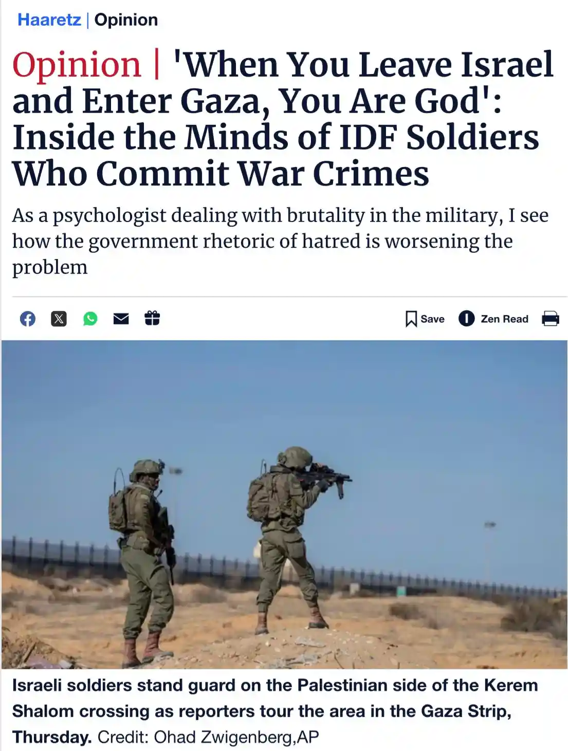A screenshot of a Haaretz opinion article titled 'When You Leave Israel and Enter Gaza, You Are God': Inside the Minds of…
