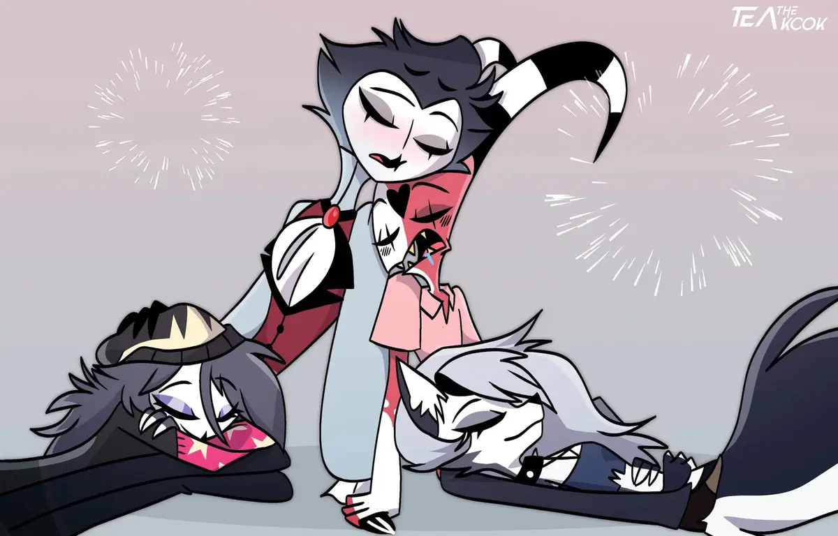 An anime-style illustration shows a central character with black and white fur, horns, and a red heart-shaped mark on their…