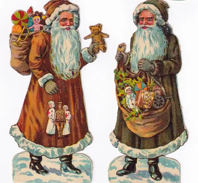 Two vintage illustrated Santa Claus figures stand side by side, each carrying a sack overflowing with toys and gifts. The…