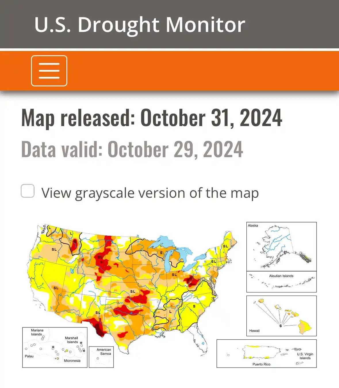 An image of a U.S. Drought Monitor map interface, dated October 31, 2024, showing the United States and its territories…