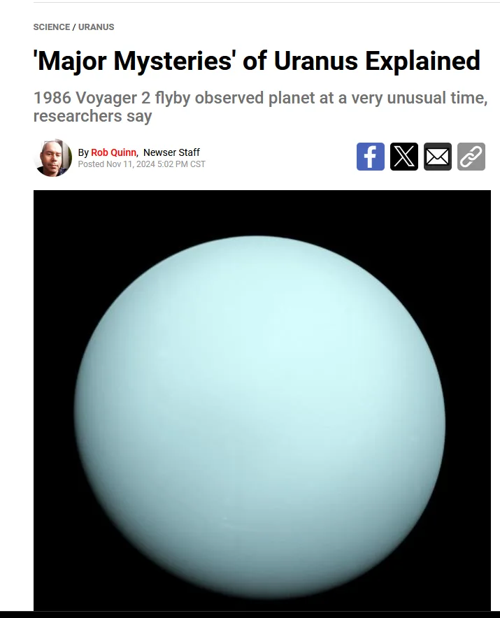 A screenshot of a news article titled 'Major Mysteries' of Uranus Explained' with a photo of the planet Uranus. The…