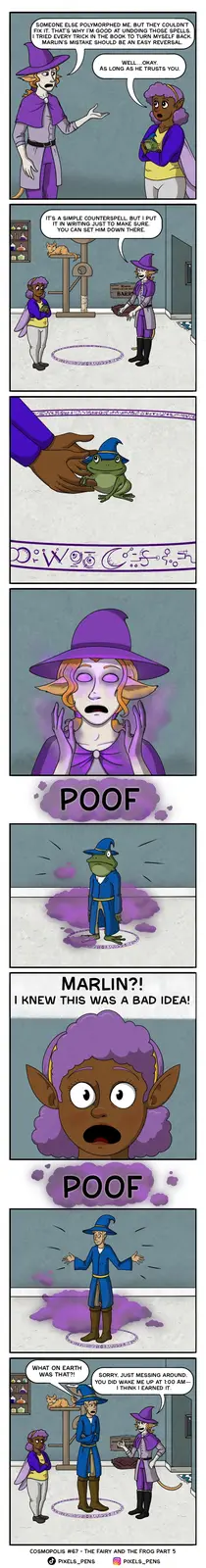 A comic strip shows a purple-robed witch explaining she can undo spells, then using a counterspell to turn a frog into a…