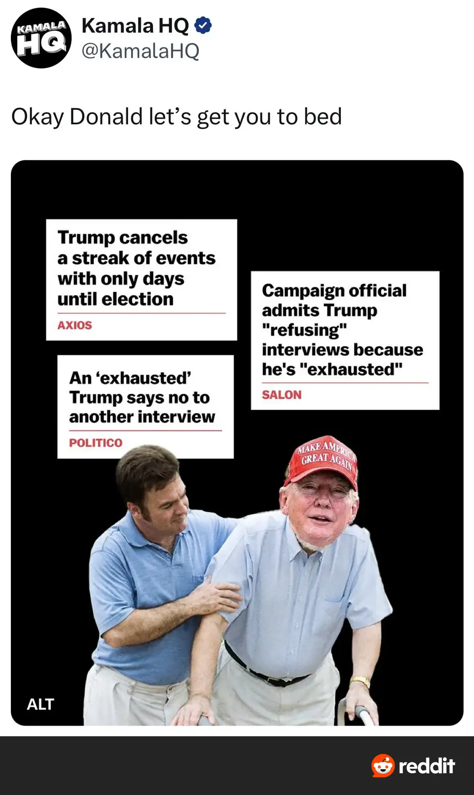 The image shows Donald Trump, wearing a red 'Make America Great Again' cap and a light blue shirt, being supported by…