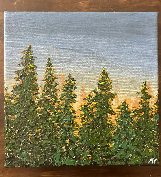 A textured oil painting on canvas depicts a forest of green pine trees with orange and yellow highlights against a pale sky…
