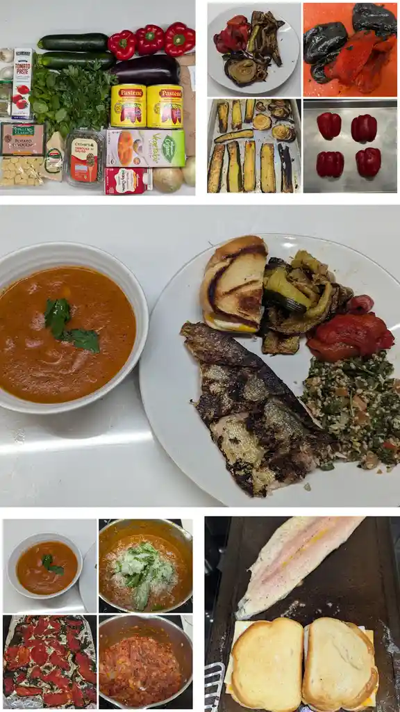 A collage of images showing the process of making a meal, starting with fresh ingredients like zucchini, peppers, and…
