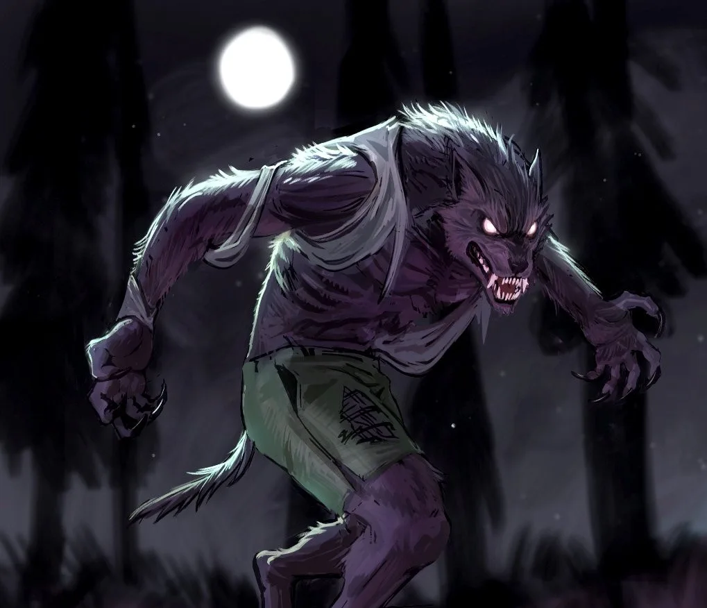 A digitally illustrated werewolf with glowing eyes and sharp claws lunges forward under a full moon, wearing only a torn…