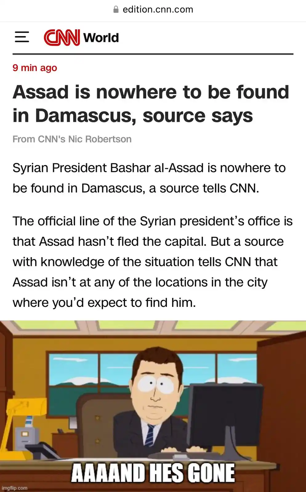 The image displays a screenshot of a CNN World news article reporting that Syrian President Bashar al-Assad is 'nowhere to…