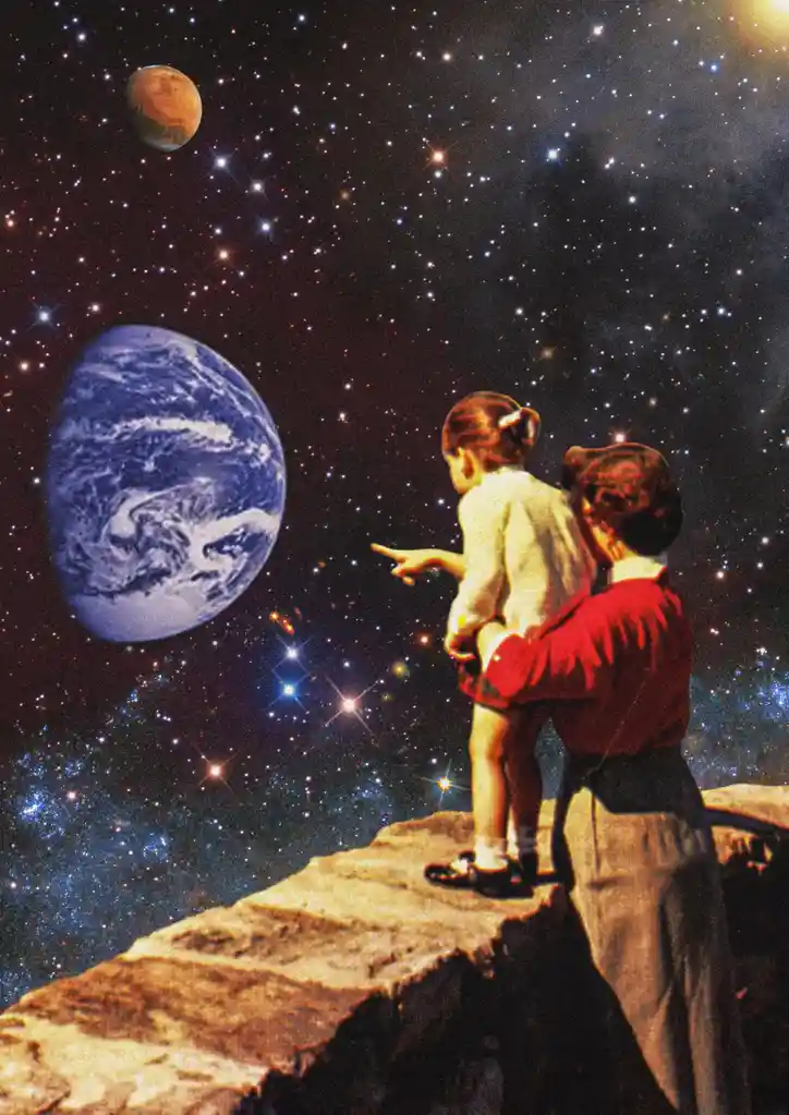 A vintage-style illustration shows an adult holding a small child on a rocky outcrop, both gazing upward at a star-filled…