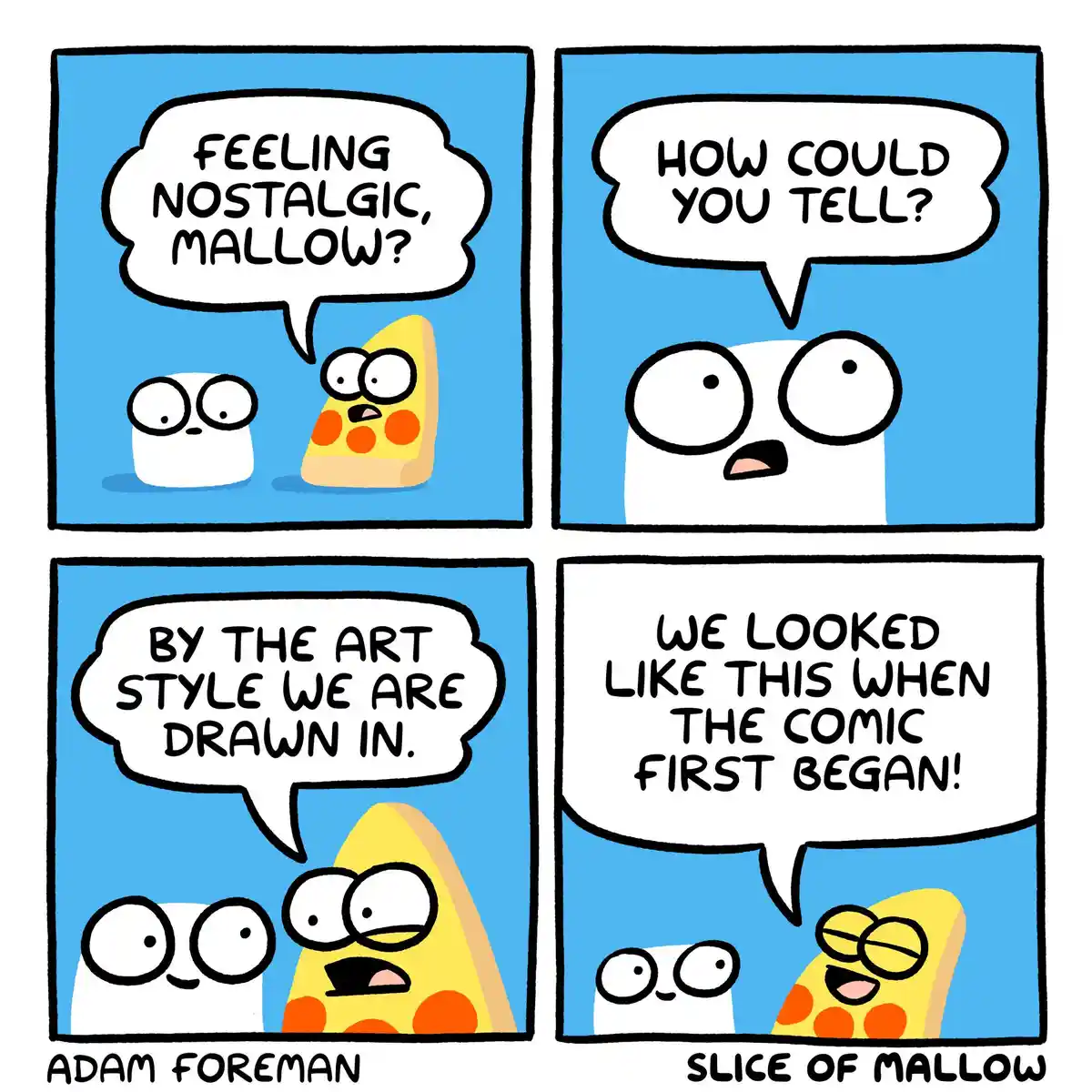 A four-panel comic strip featuring two cartoon characters: a marshmallow and a slice of pizza. The marshmallow asks the…