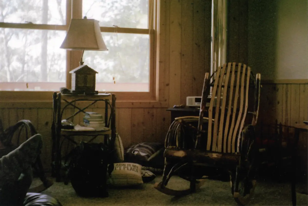 A dimly lit, rustic cabin interior with wooden walls, a rocking chair, a lamp on a side table, and a pillow on the floor…