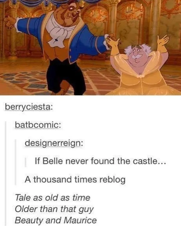 An image from Disney's Beauty and the Beast shows the Beast and his father, Maurice, dancing joyfully in a grand ballroom…