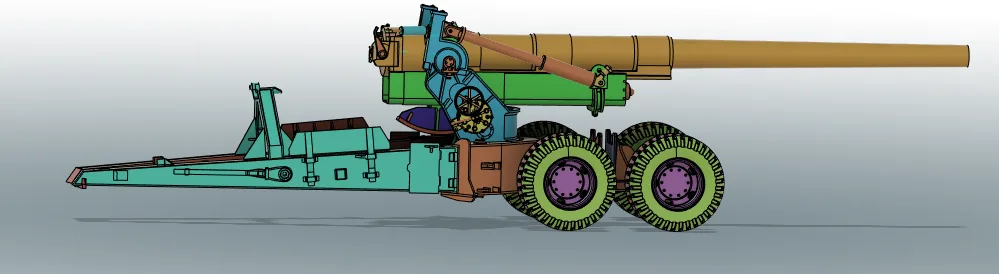 A 3D rendered illustration of a large, colorful artillery piece with a long barrel, green wheels, and teal chassis, set…