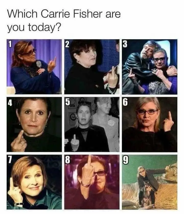 A grid of nine photos of Carrie Fisher, each showing her in different poses and expressions, mostly giving the middle…