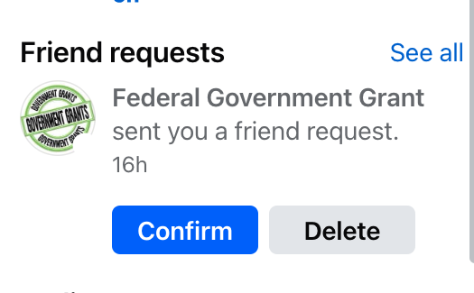 A screenshot of a social media friend request notification from 'Federal Government Grant', which has a circular logo with…