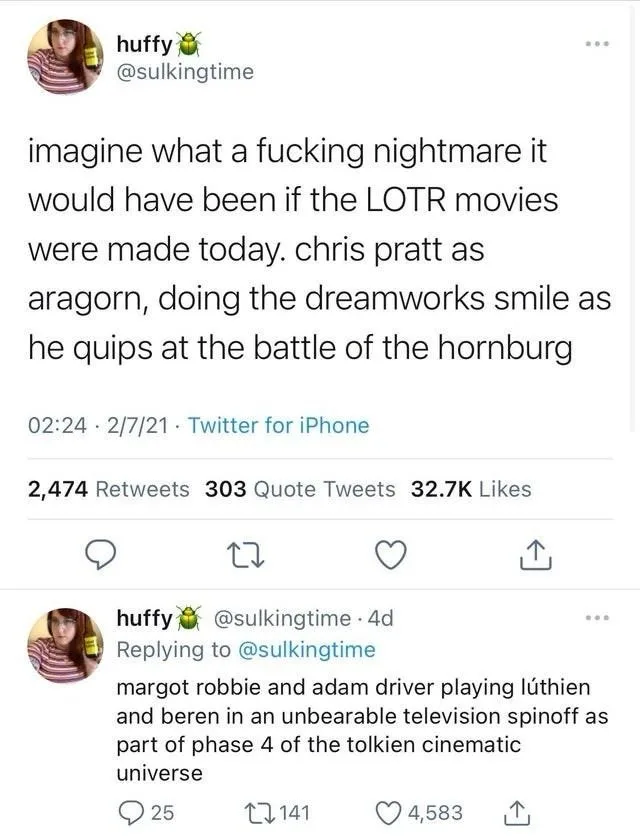 A screenshot of a Twitter post by user @sulkingtime, showing a tweet imagining a disastrous modern remake of Lord of the…