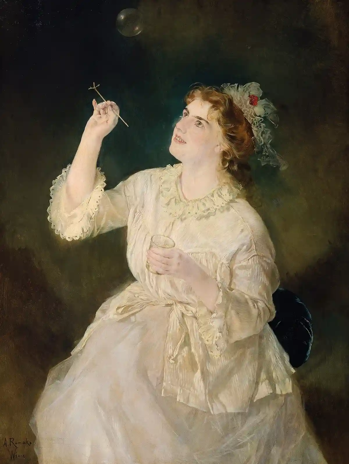 A woman in a vintage cream dress holds a bubble wand and a glass, looking up at a single bubble floating above her. The…