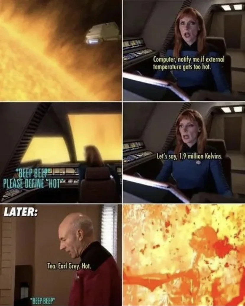A six-panel Star Trek meme showing a ship flying through a fiery nebula, a crew member setting an alarm for extreme heat…