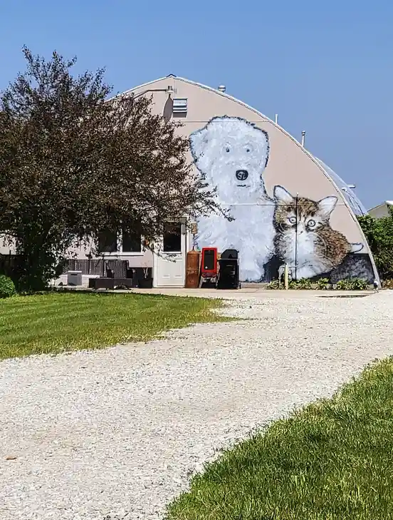 A large mural painted on the curved side of a building depicts a fluffy white dog and a tabby cat sitting side by side. The…
