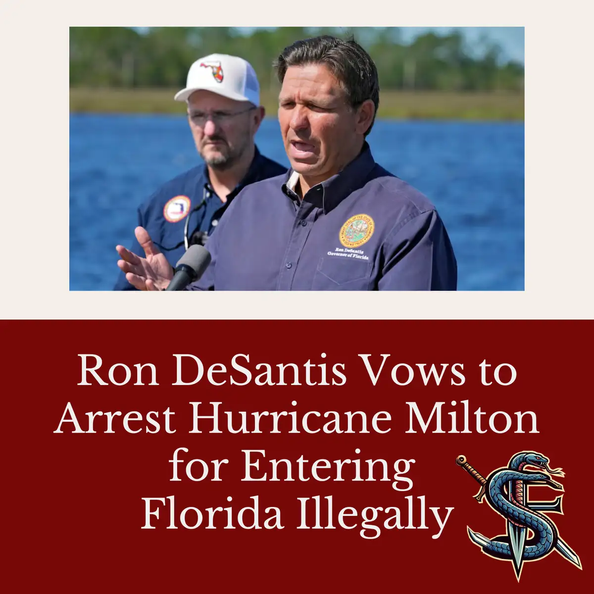 A photo shows Ron DeSantis, Governor of Florida, speaking at a press conference near water, with another man in a cap…